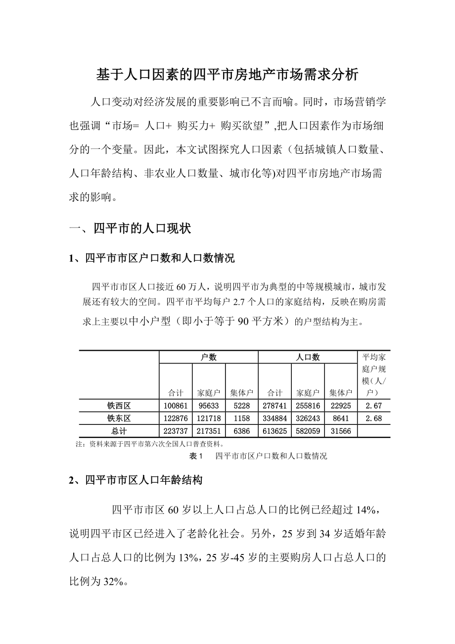 四平市区基于人口因素的房地产市场需求分析_第1页