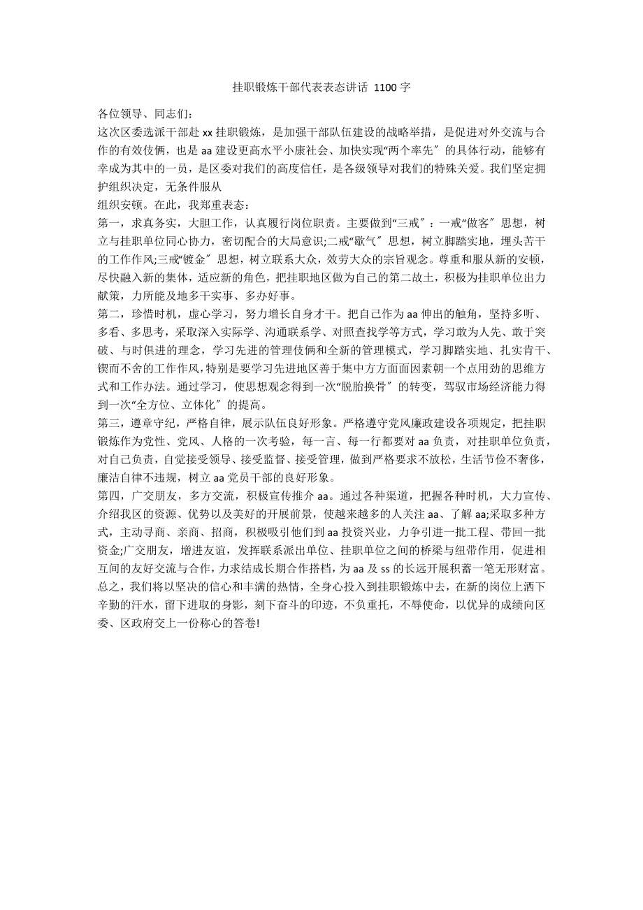 挂职锻炼干部代表表态讲话 1100字_第1页