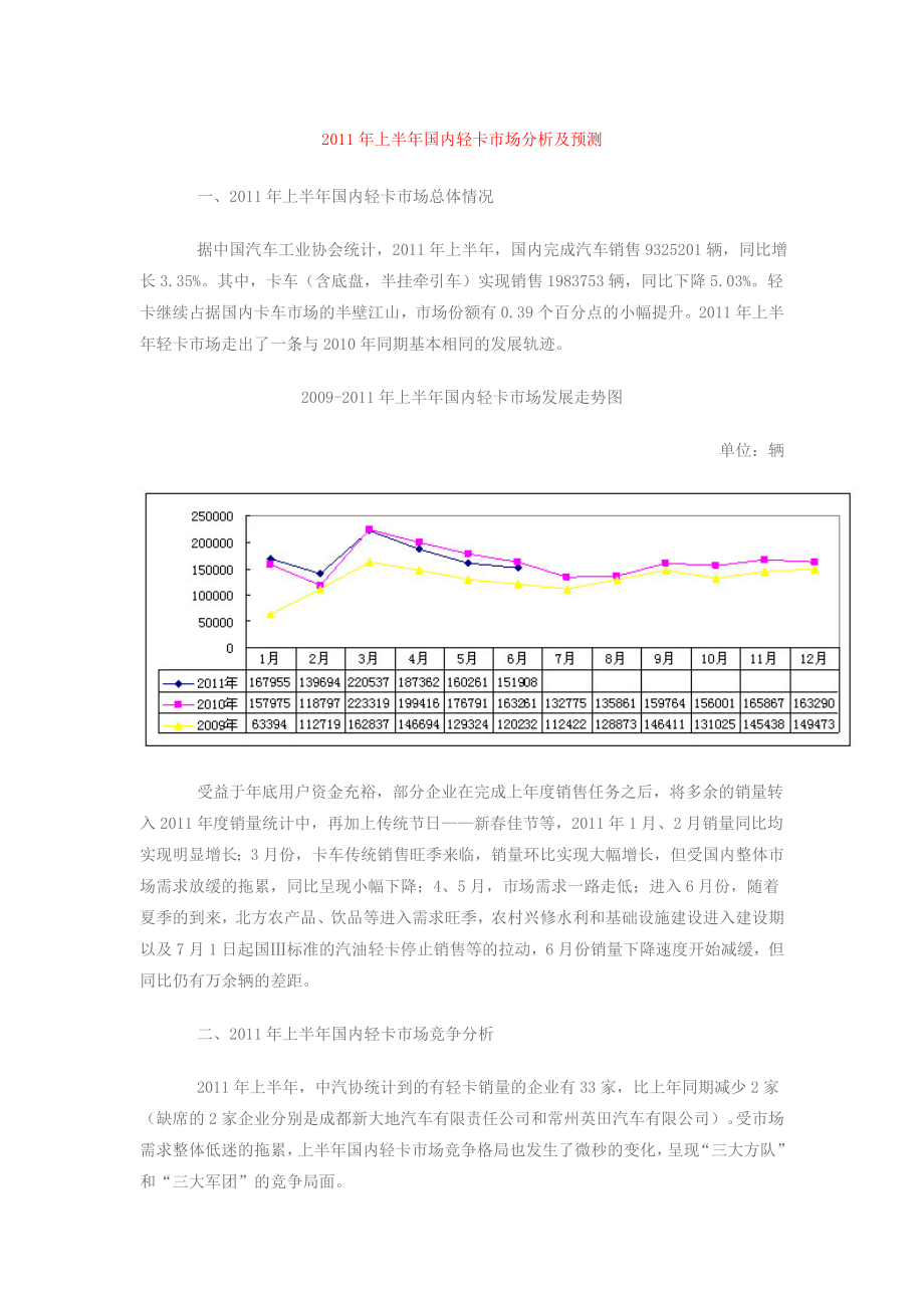 2011年上半年国内轻卡市场分析及预测_第1页