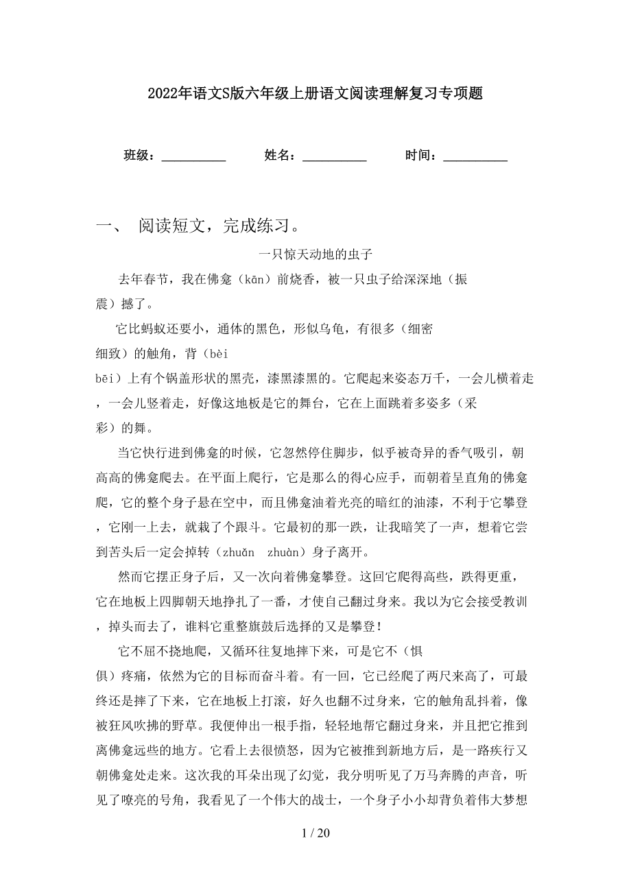 2022年语文S版六年级上册语文阅读理解复习专项题_第1页