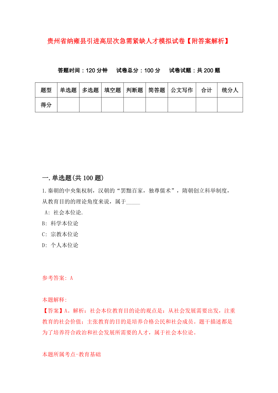 贵州省纳雍县引进高层次急需紧缺人才模拟试卷【附答案解析】9_第1页