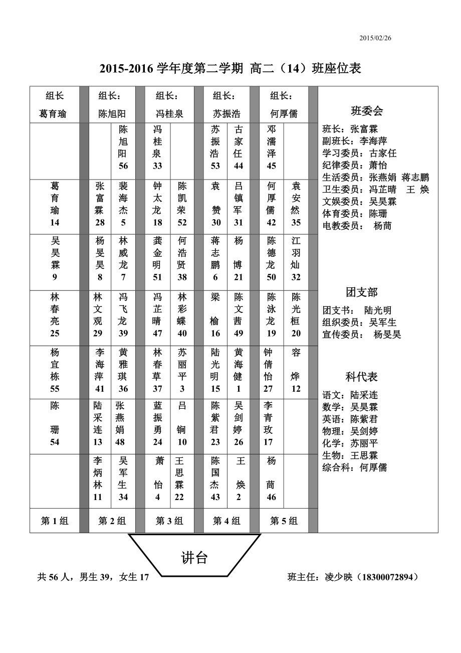 高二14班第二学期座位表_第1页