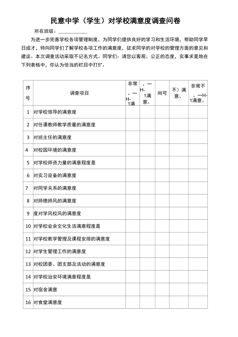 学生对学校教育满意度调查表_第1页