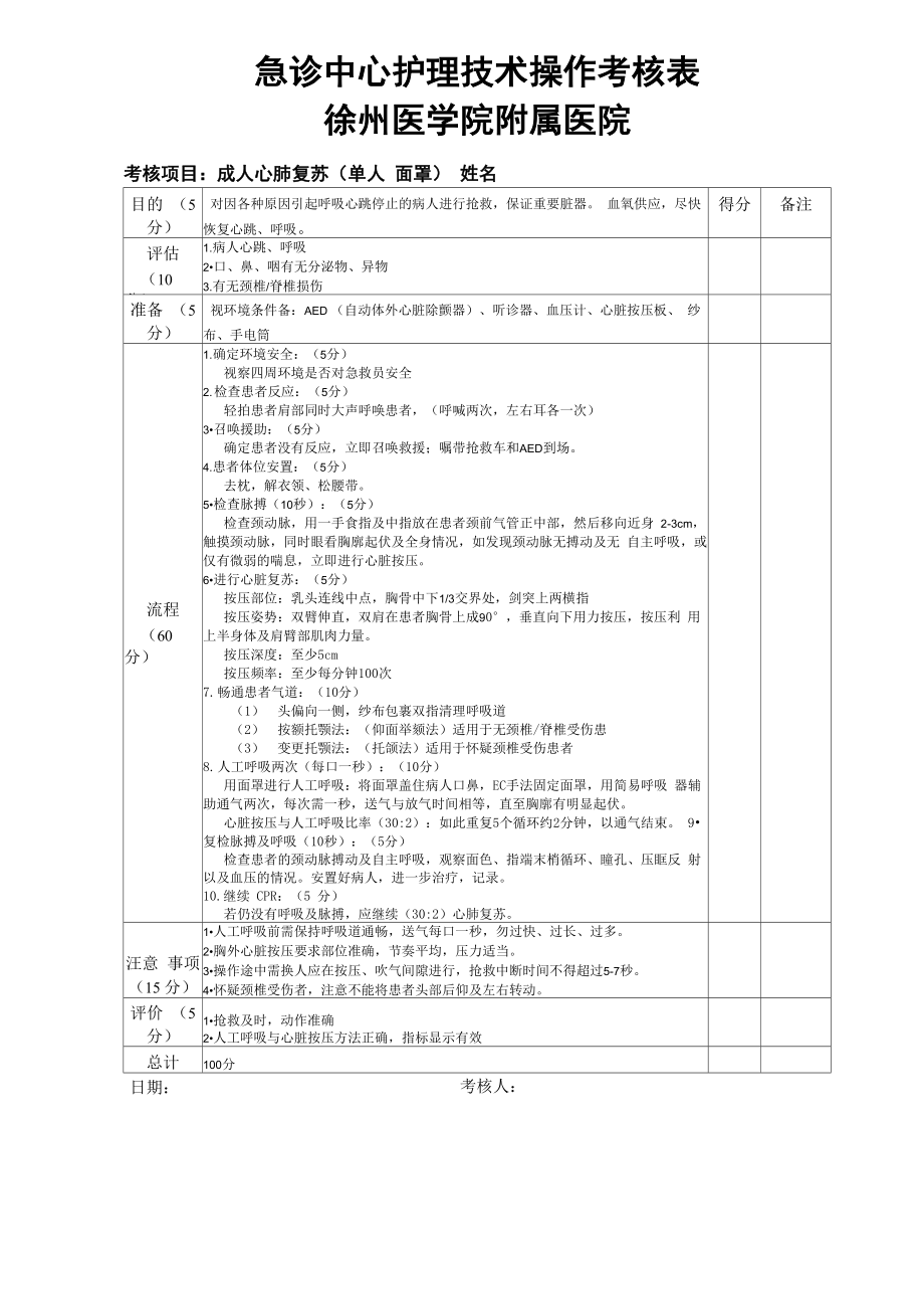 心肺复苏操作考核表_第1页