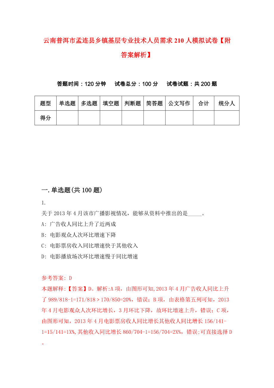 云南普洱市孟连县乡镇基层专业技术人员需求210人模拟试卷【附答案解析】{3}_第1页