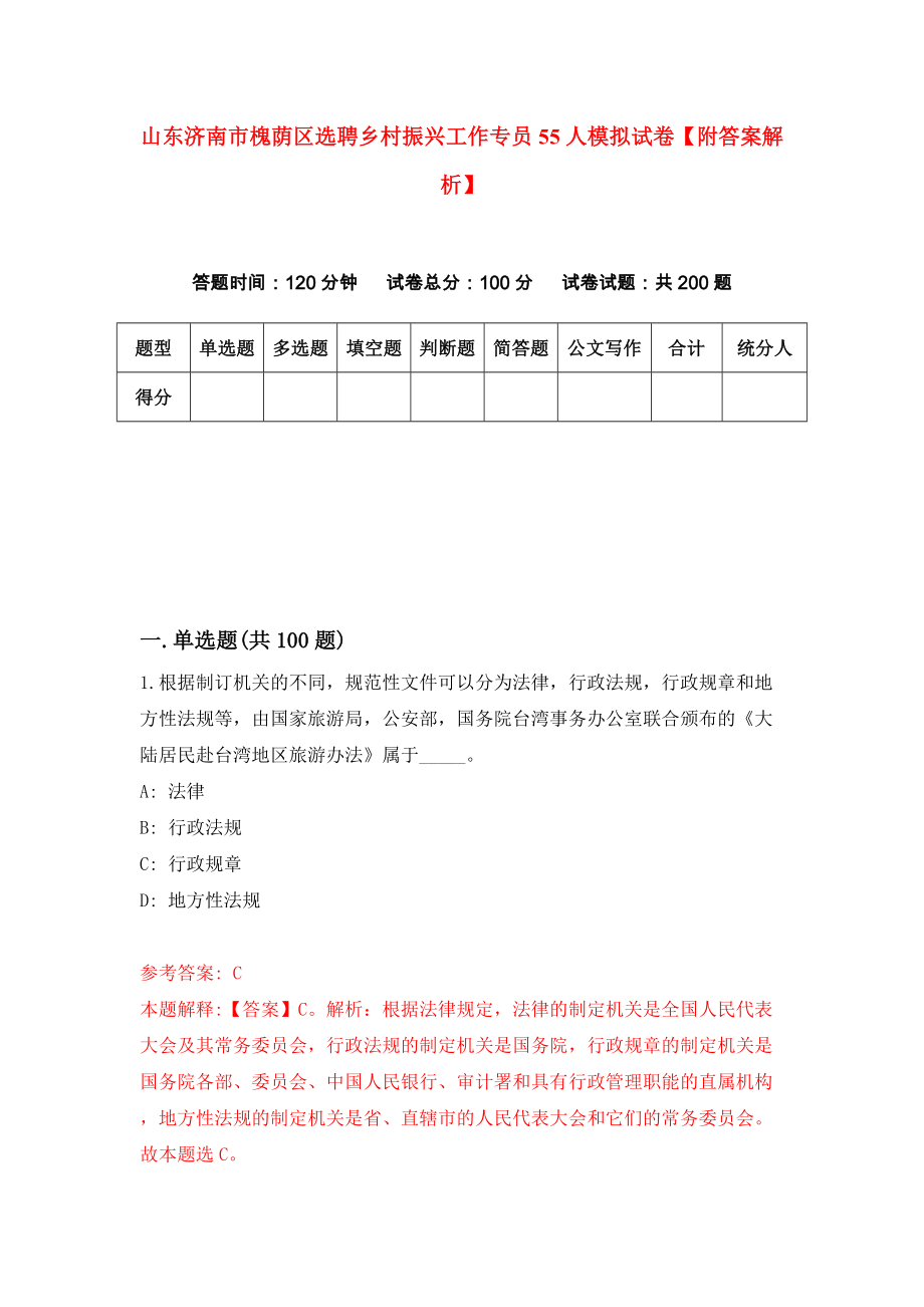 山东济南市槐荫区选聘乡村振兴工作专员55人模拟试卷【附答案解析】（8）_第1页