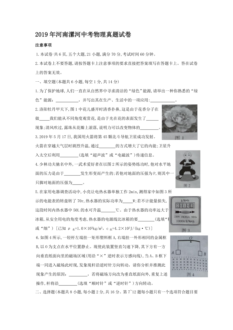 2019年河南漯河中考物理真题【含答案】_第1页