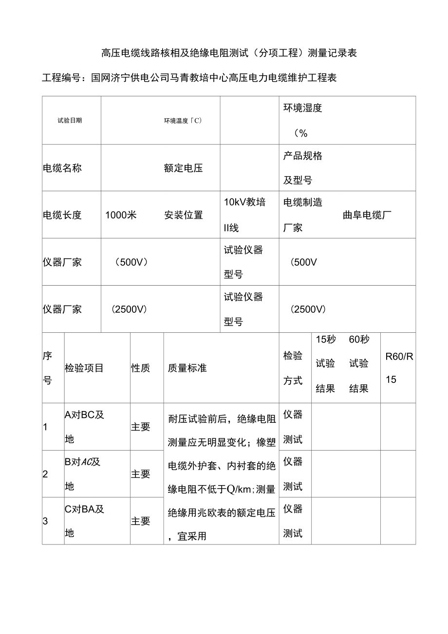 高压电缆线路核相及绝缘电阻测试(分项工程)测量记录表_第1页