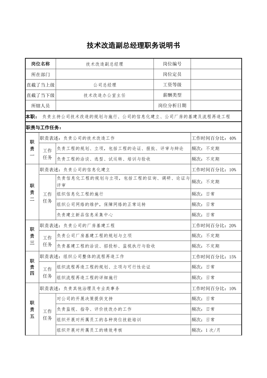 2022年技术改造副总经理职务说明书_第1页