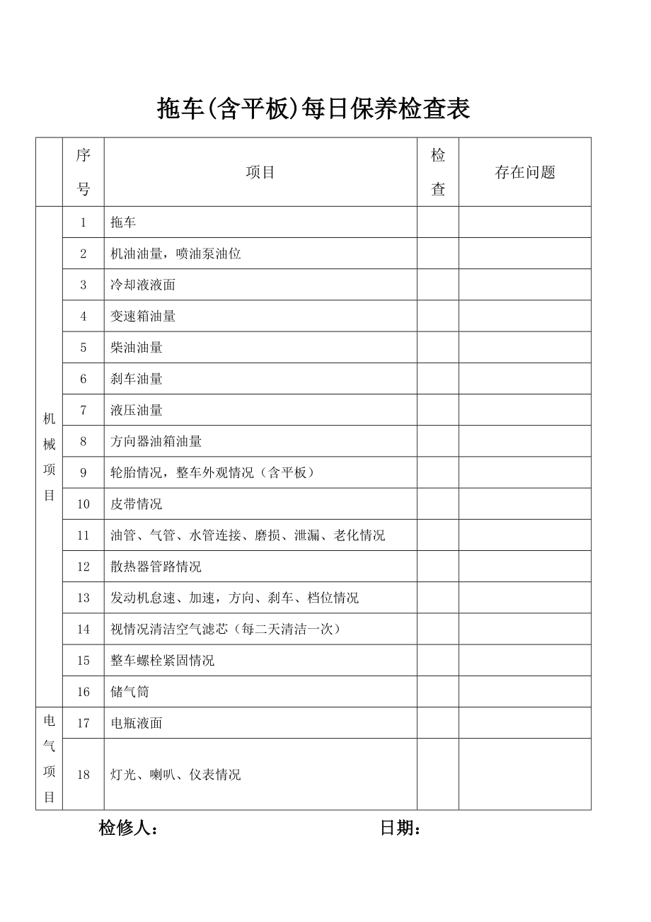 拖车(含平板)每日保养检查表_第1页