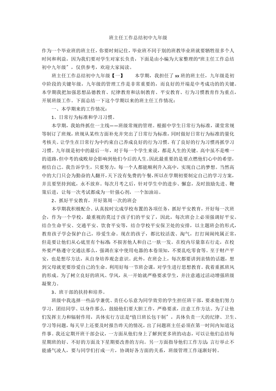 班主任工作总结初中九年级_第1页