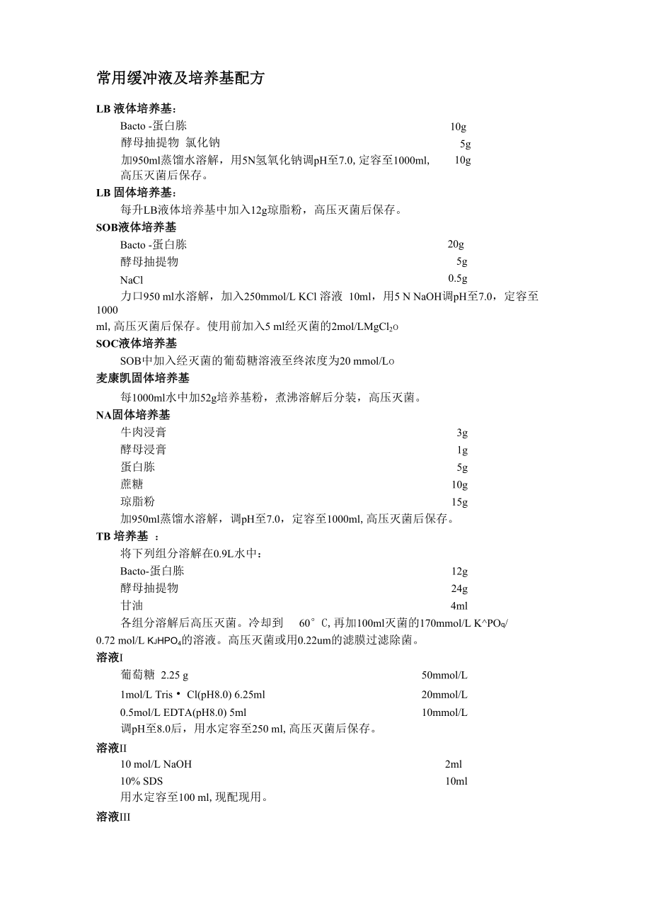 常用缓冲液及培养基配方_第1页