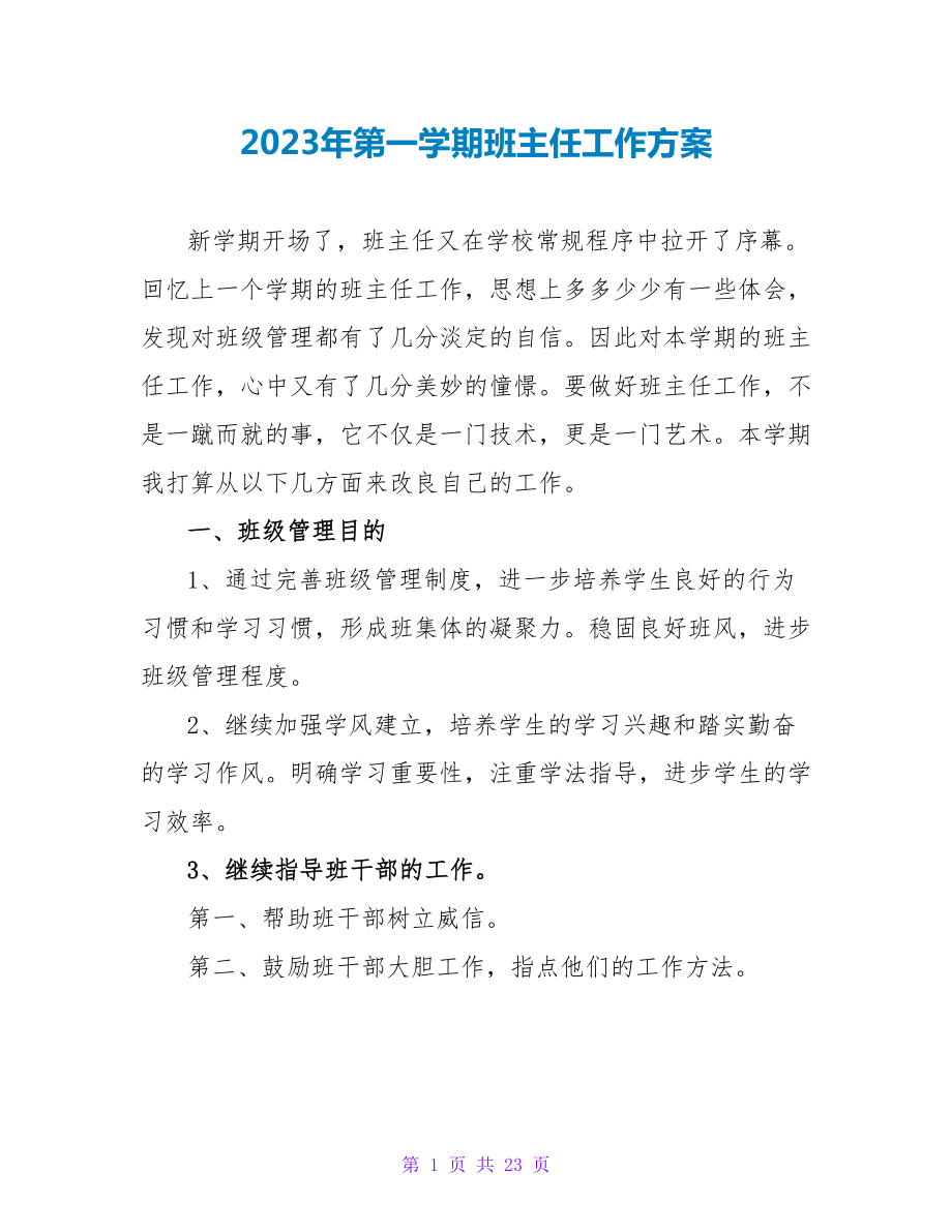 2023年第一学期班主任工作计划.doc_第1页