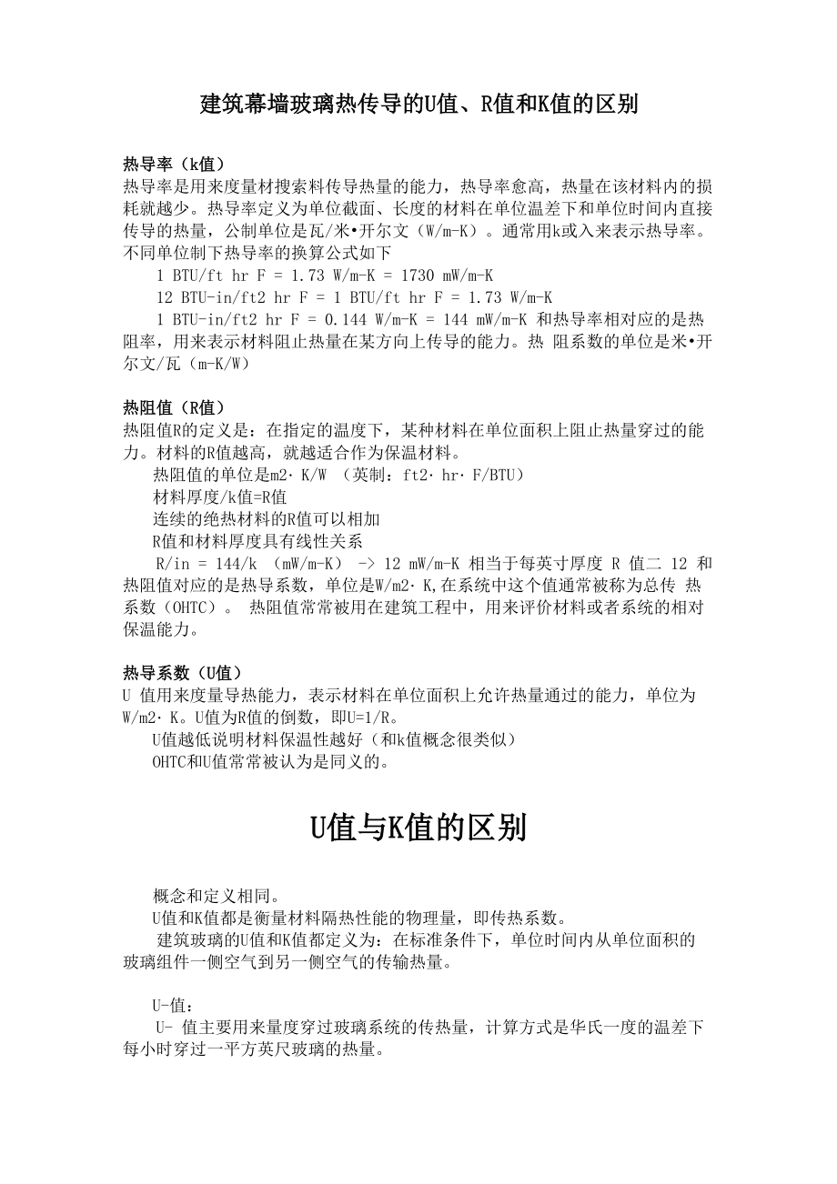 建筑幕墙玻璃热传导的U值和K值、R值_第1页