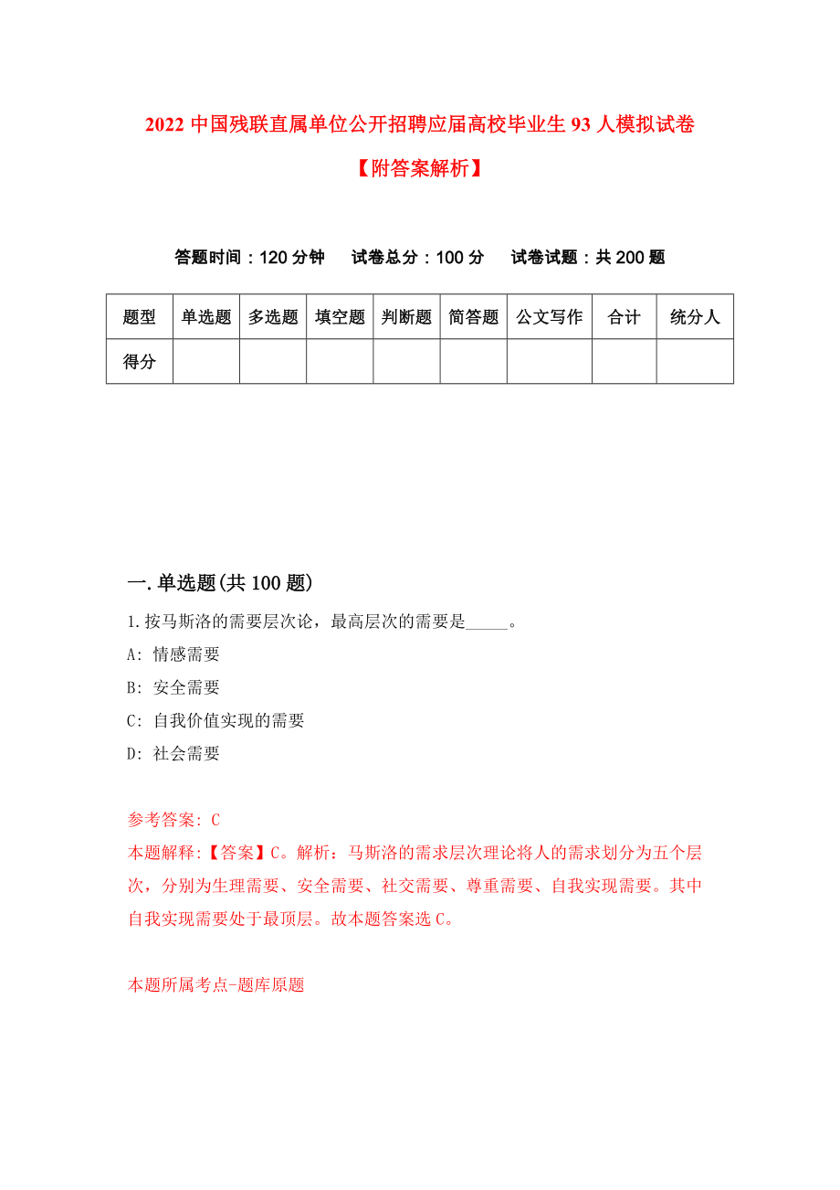 2022中国残联直属单位公开招聘应届高校毕业生93人模拟试卷【附答案解析】（第5套）_第1页