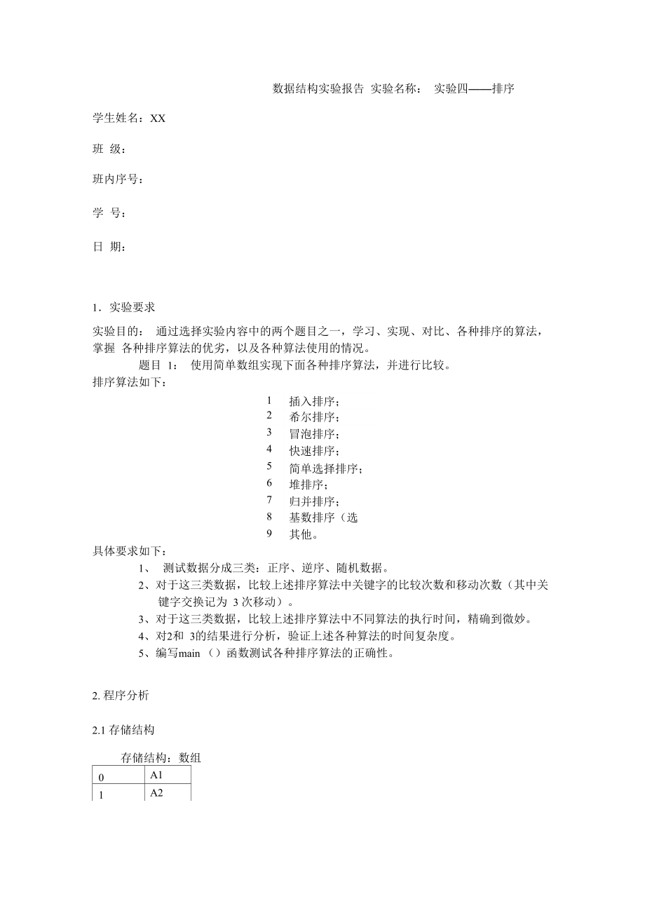 数据结构实验四题目一排序实验报告_第1页