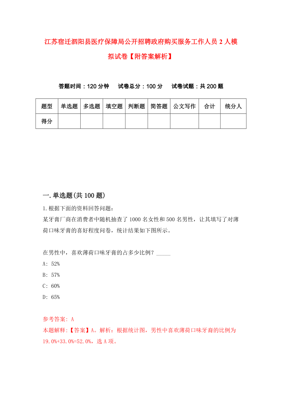 江苏宿迁泗阳县医疗保障局公开招聘政府购买服务工作人员2人模拟试卷【附答案解析】（第6套）_第1页