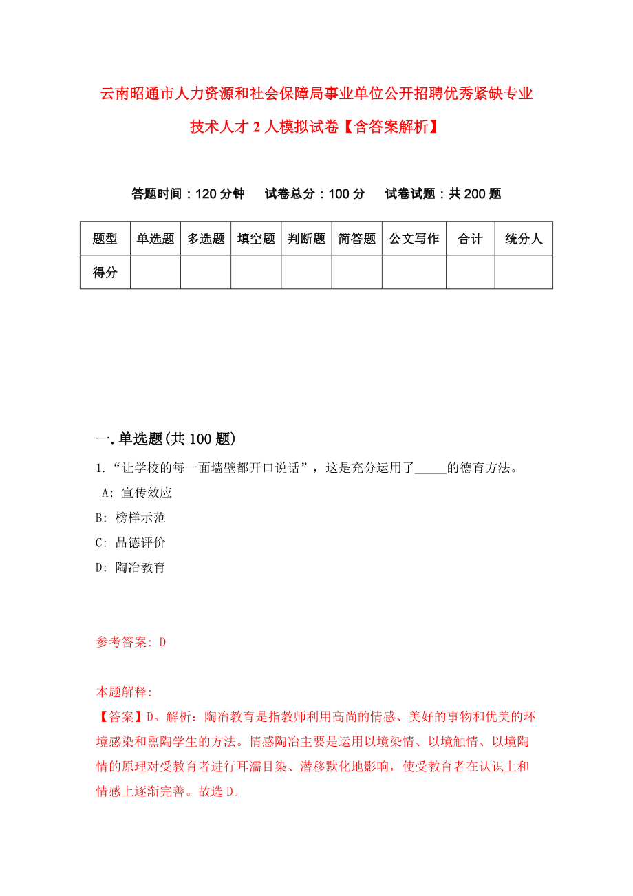 云南昭通市人力资源和社会保障局事业单位公开招聘优秀紧缺专业技术人才2人模拟试卷【含答案解析】1_第1页