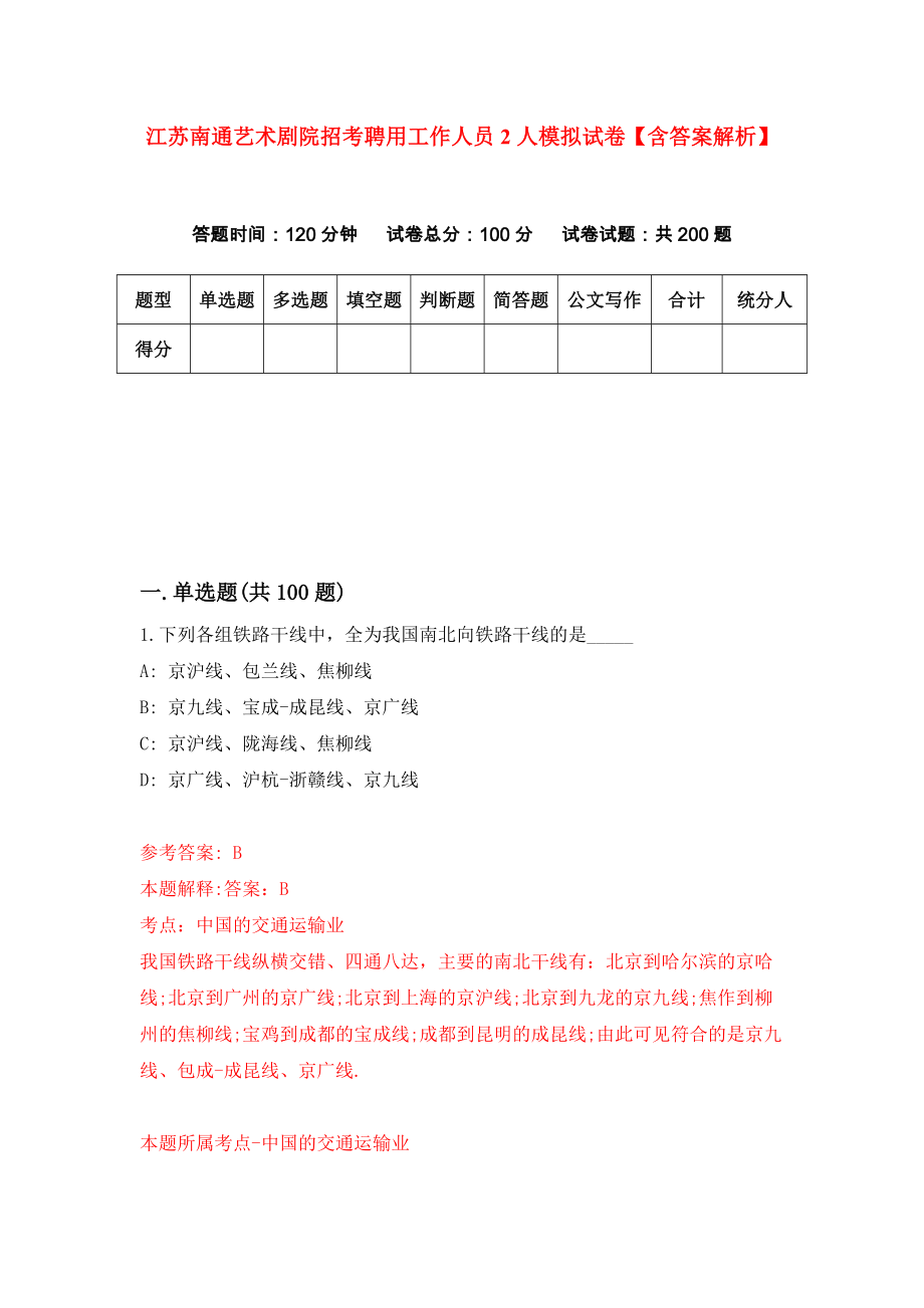 江苏南通艺术剧院招考聘用工作人员2人模拟试卷【含答案解析】8_第1页