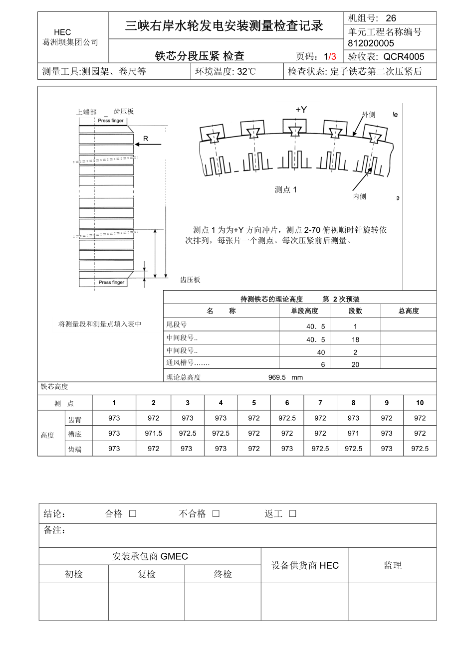 长江三峡右岸电站哈电QCR表定子铁芯预压检查测量2_第1页