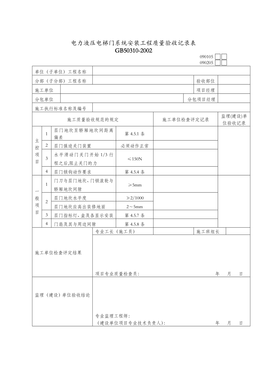 电力液压电梯门系统安装工程质量验收记录表(doc 1页)_第1页