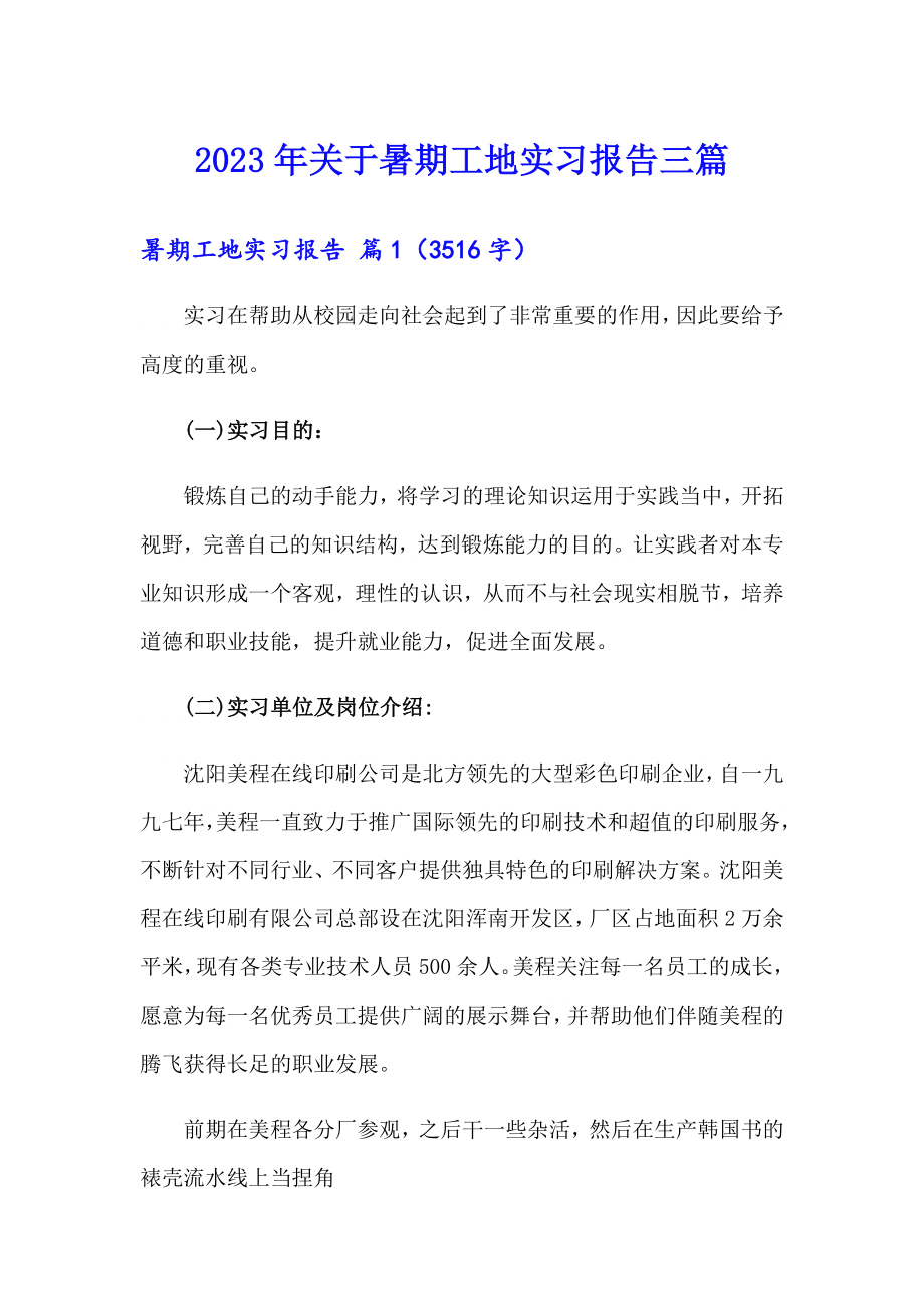 2023年关于暑期工地实习报告三篇_第1页