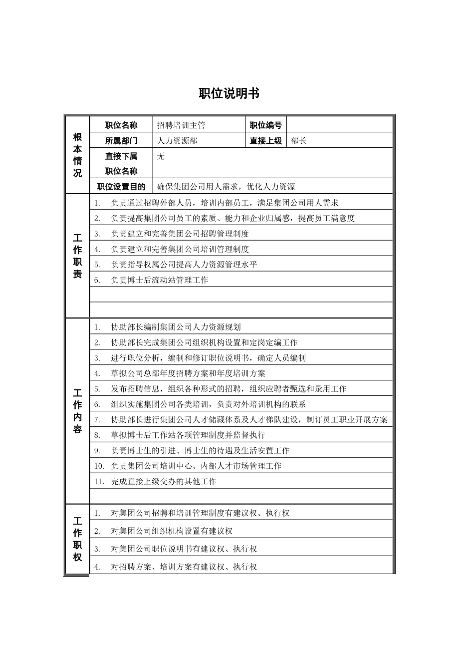 人力资源部_招聘培训主管_岗位说明书_第1页