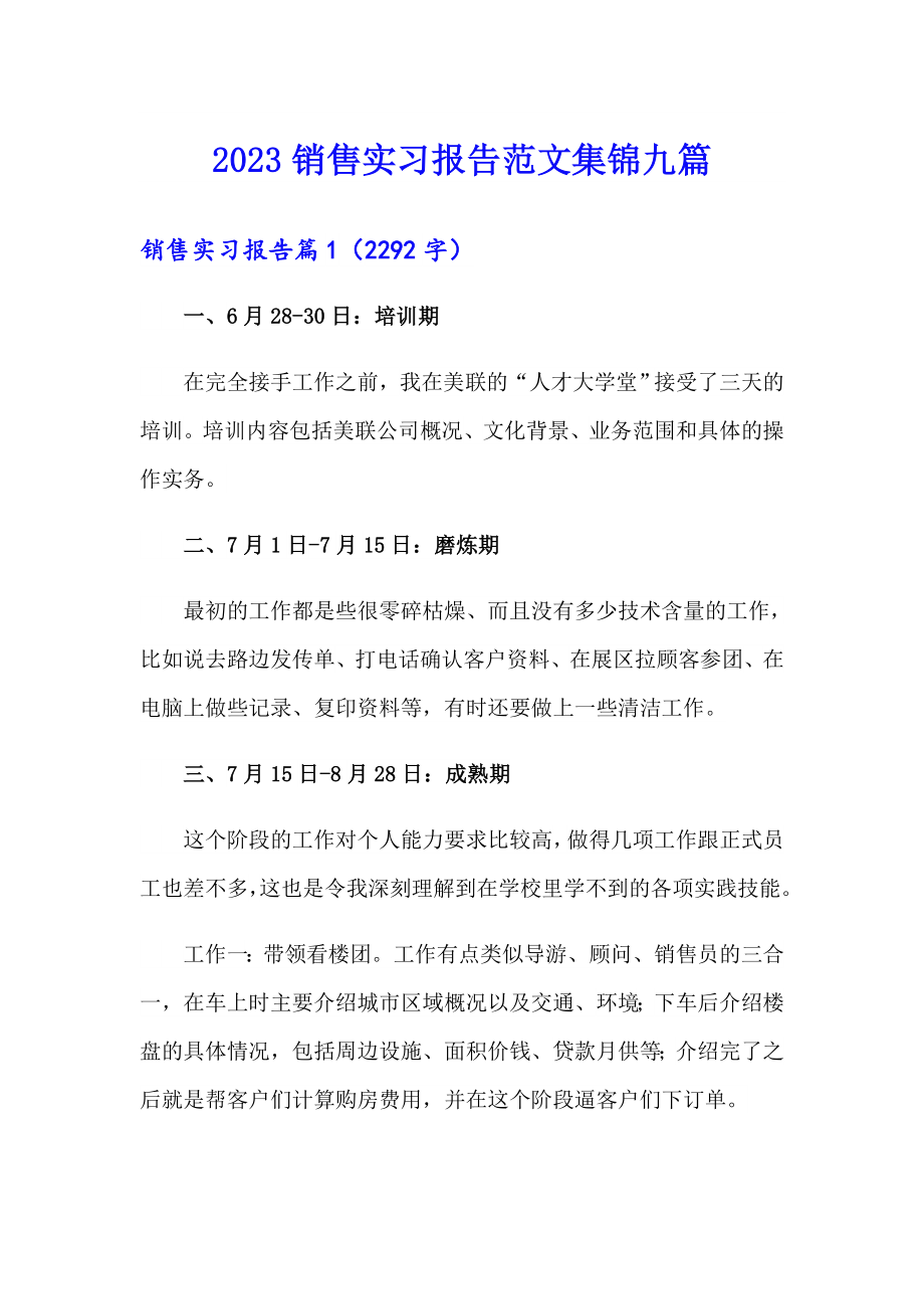 【精编】2023销售实习报告范文集锦九篇_第1页