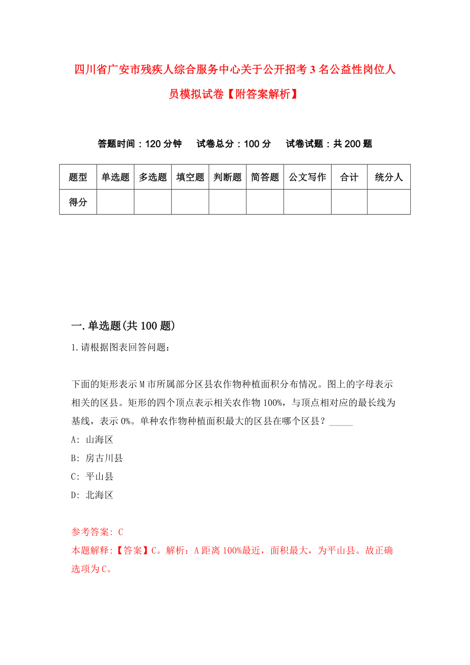 四川省广安市残疾人综合服务中心关于公开招考3名公益性岗位人员模拟试卷【附答案解析】（第8版）_第1页