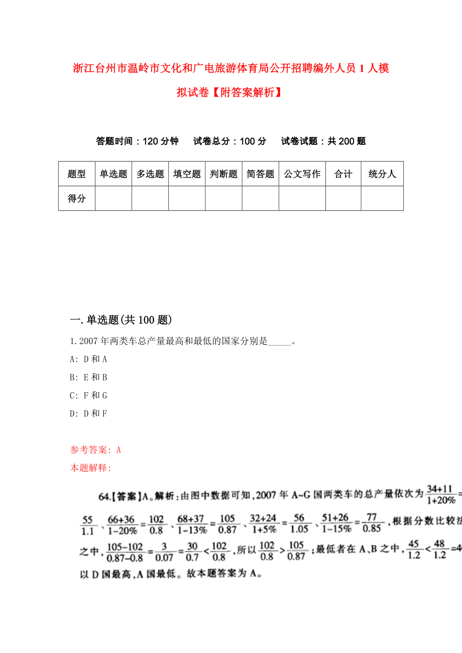 浙江台州市温岭市文化和广电旅游体育局公开招聘编外人员1人模拟试卷【附答案解析】（第3版）_第1页