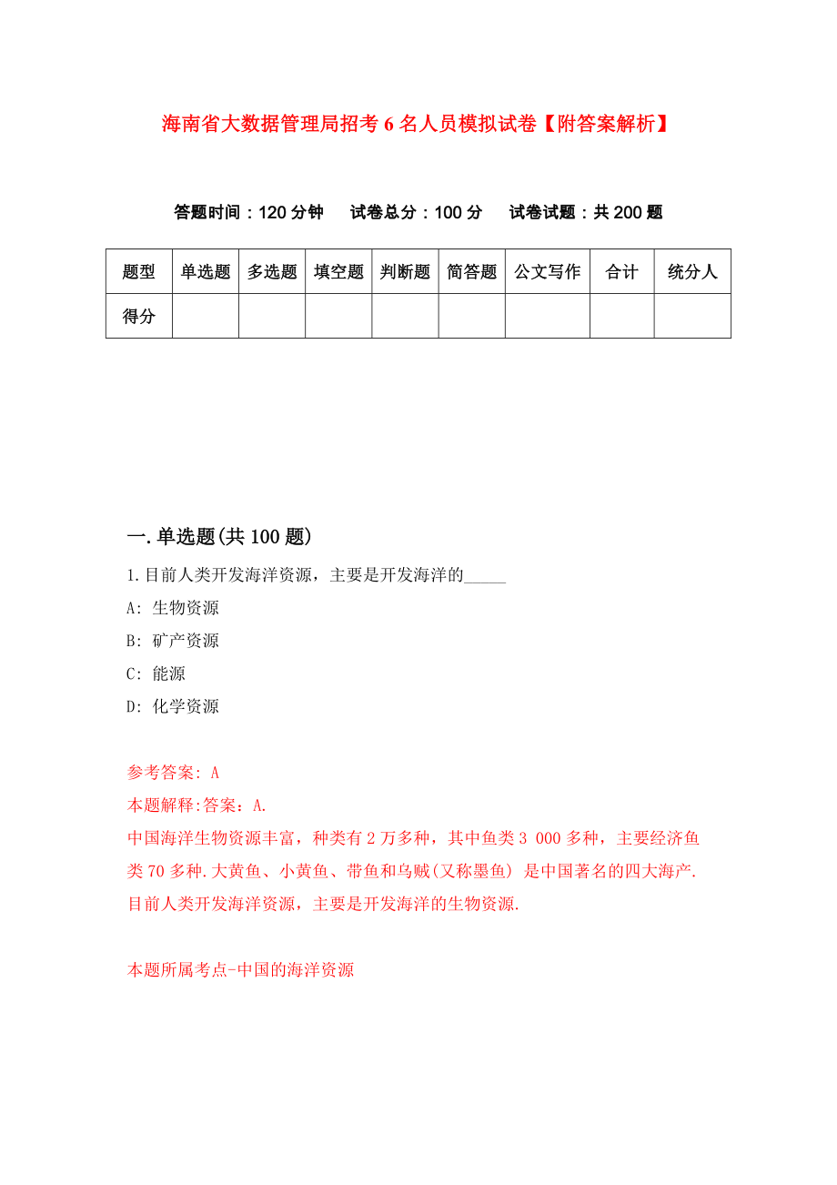 海南省大数据管理局招考6名人员模拟试卷【附答案解析】（第3版）_第1页