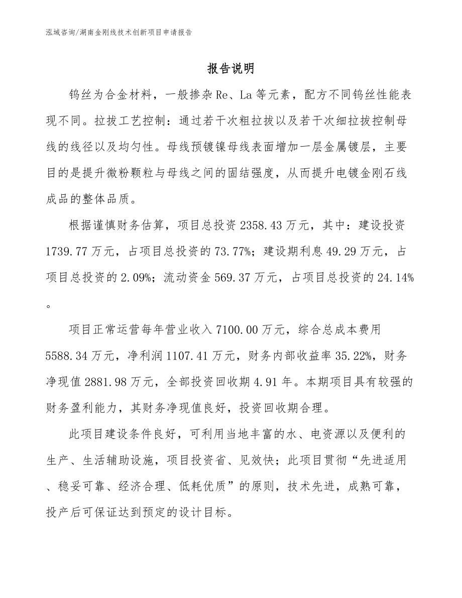 湖南金刚线技术创新项目申请报告_范文_第1页