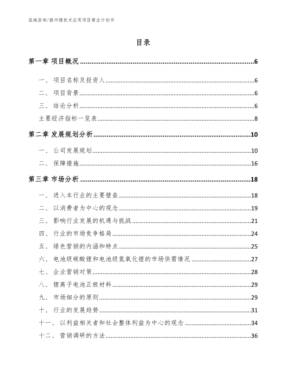 滁州锂技术应用项目商业计划书【模板参考】_第1页