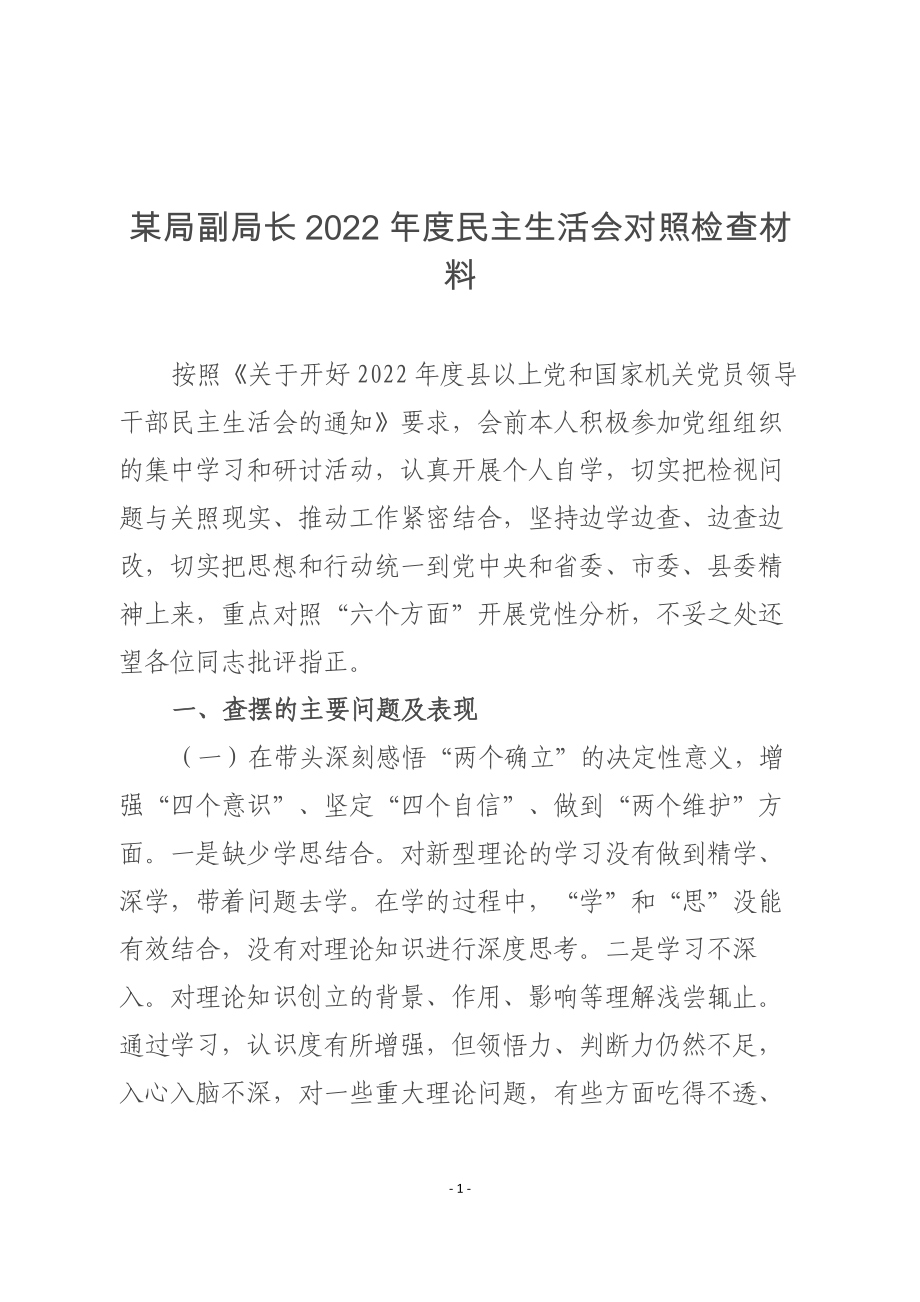 某局副局长2022年度民主生活会对照检查材料_第1页