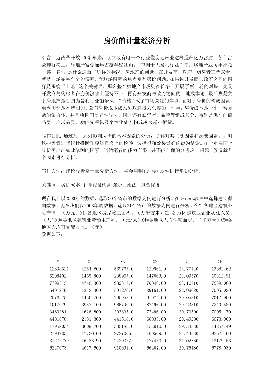 计量经济学论文(eviews分析) 房价的计量经济分析_第1页