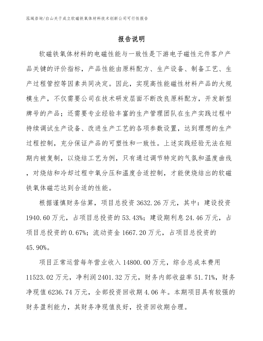 白山关于成立软磁铁氧体材料技术创新公司可行性报告_第1页