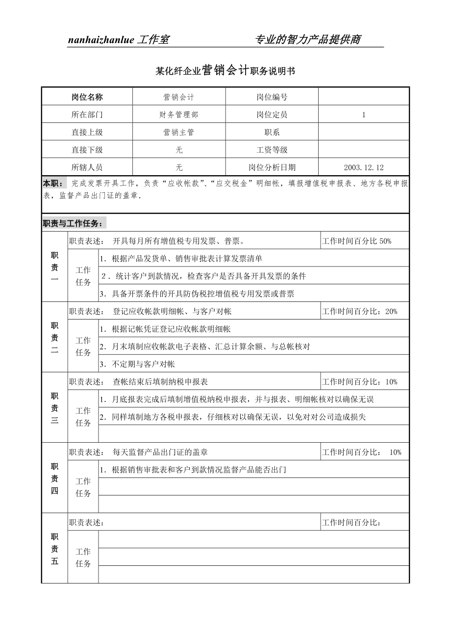 某化纤企业营销会计职务说明书_第1页