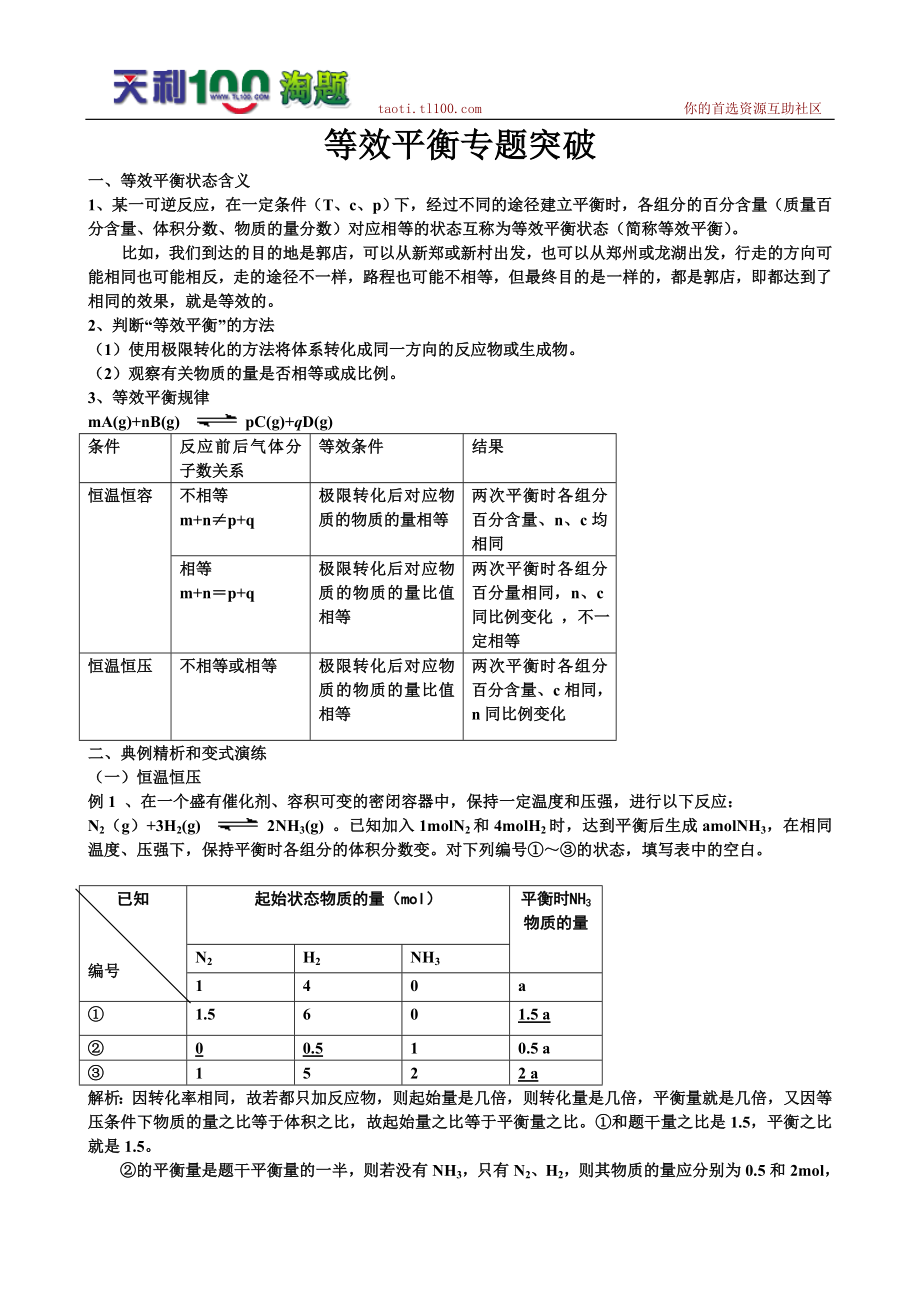 高二选修化学反应原理等效平衡专题突破_第1页