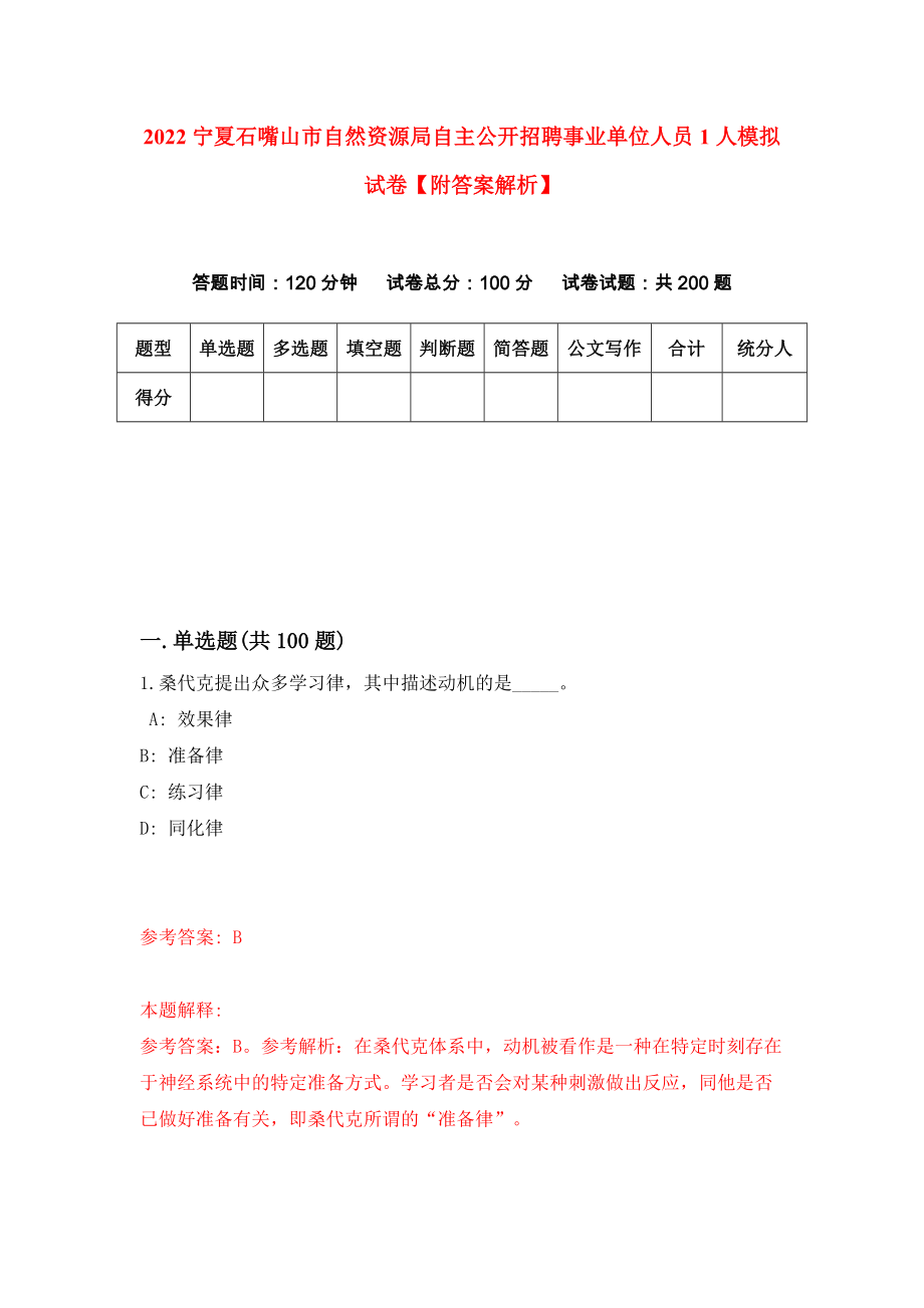 2022宁夏石嘴山市自然资源局自主公开招聘事业单位人员1人模拟试卷【附答案解析】（第7版）_第1页