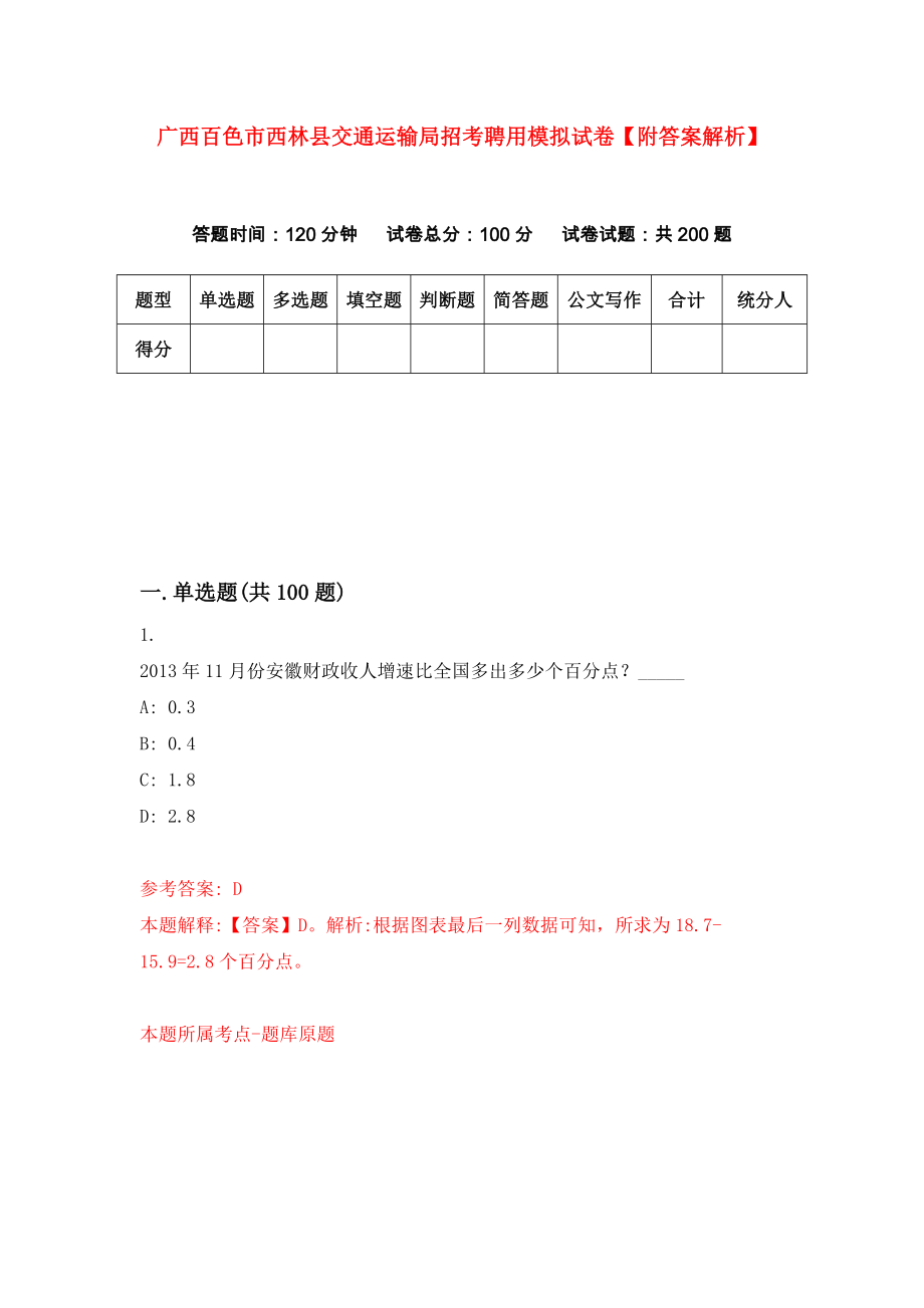 广西百色市西林县交通运输局招考聘用模拟试卷【附答案解析】（第8次）_第1页