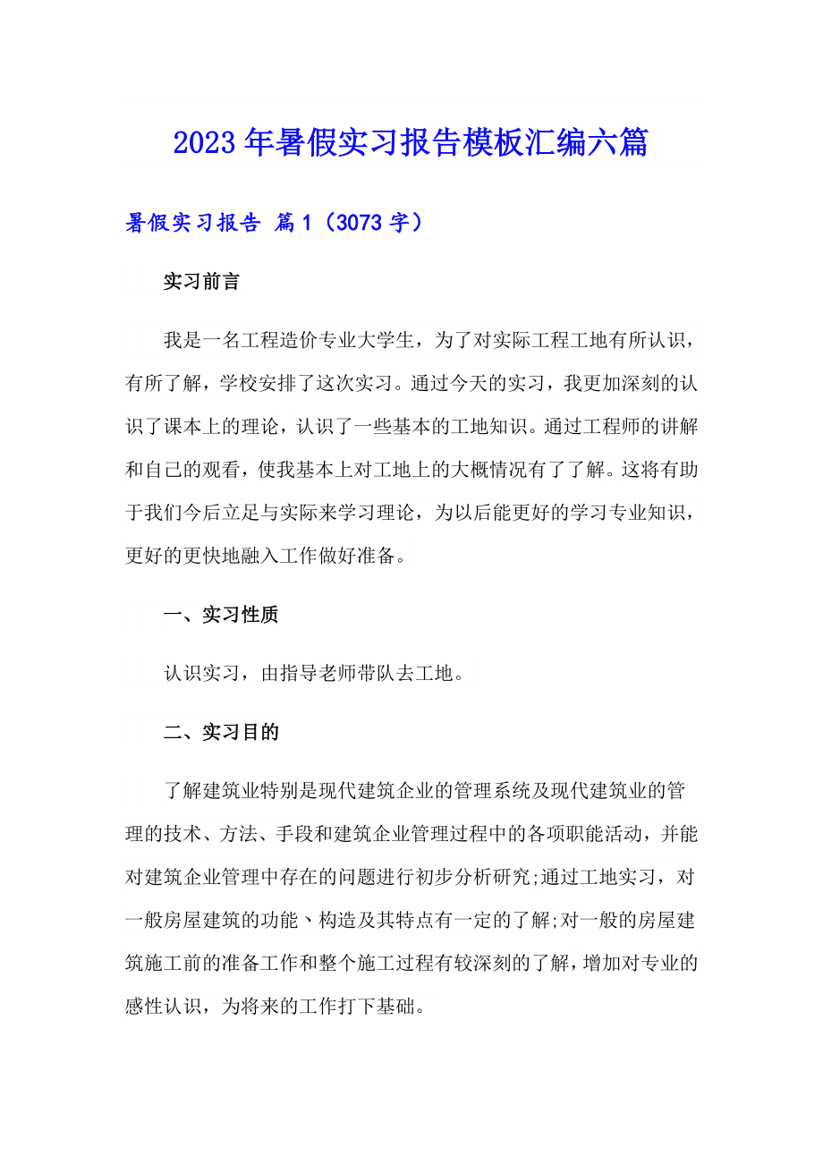 【整合汇编】2023年暑假实习报告模板汇编六篇_第1页