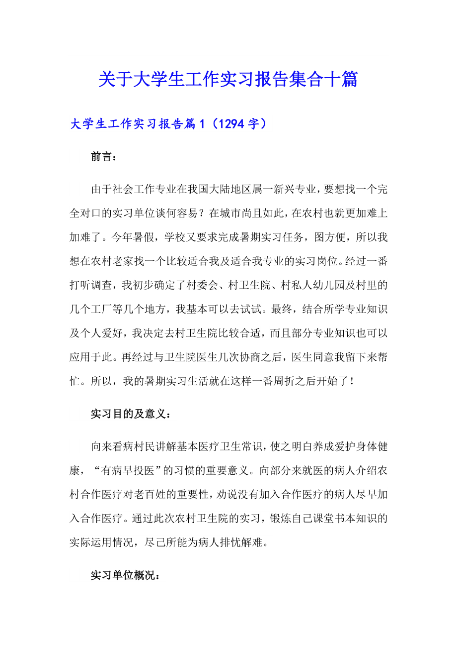 关于大学生工作实习报告集合十篇_第1页