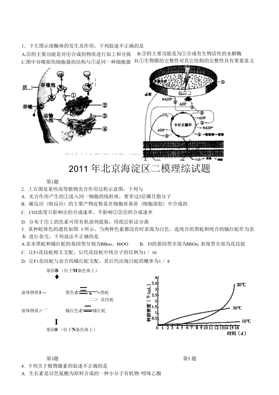 2011年北京海淀区二模理综试题及答案_第1页