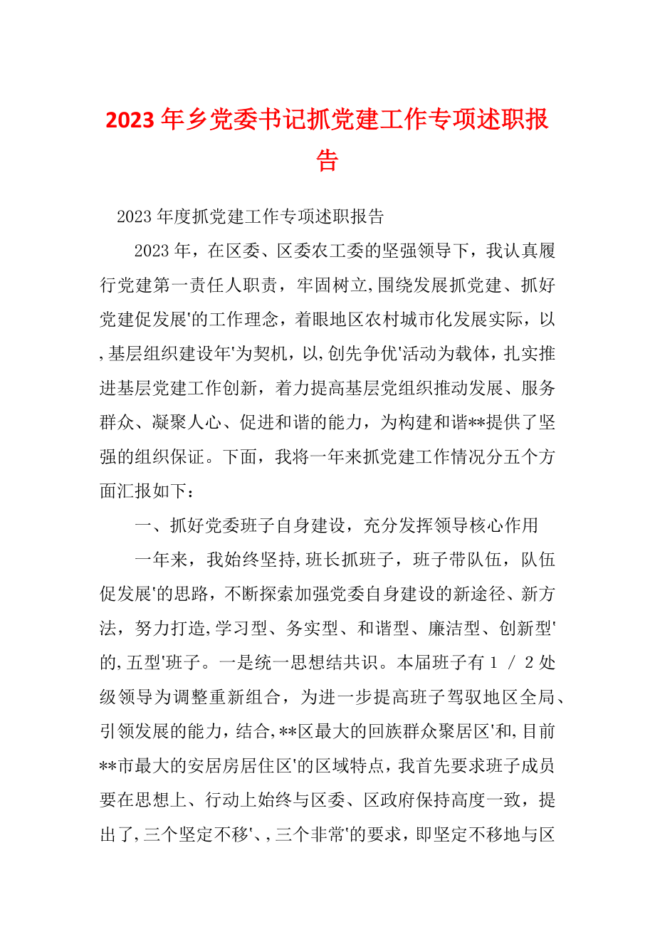 2023年乡党委书记抓党建工作专项述职报告_第1页