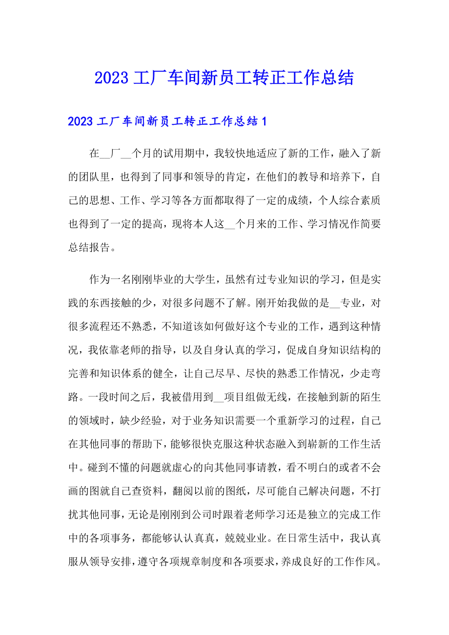 2023工厂车间新员工转正工作总结（汇编）_第1页