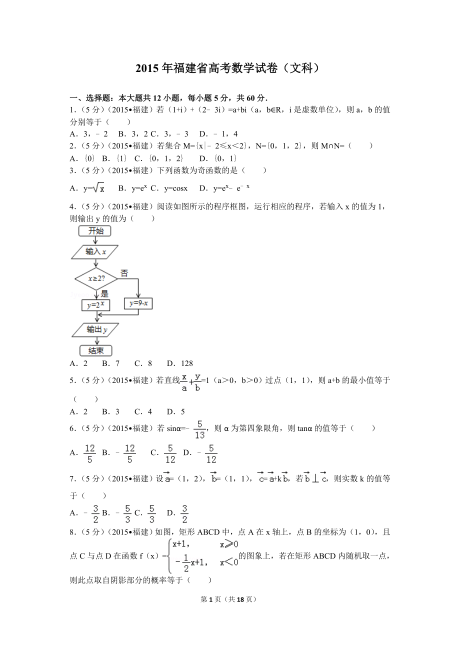 2015年福建省高考数学试卷(文科)_第1页