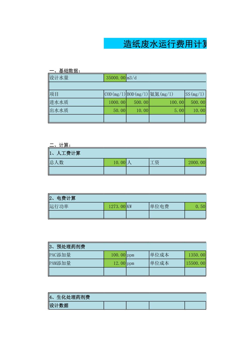 《污水處理施工方案計(jì)算書》污水處理運(yùn)行費(fèi)用計(jì)算表格_第1頁