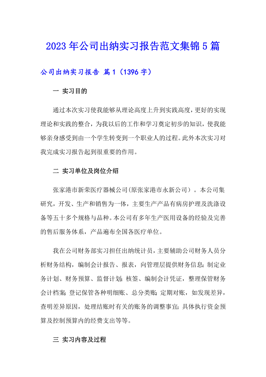 2023年公司出纳实习报告范文集锦5篇_第1页