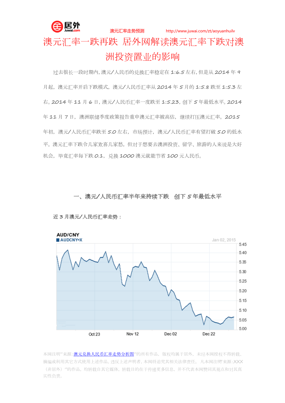 澳元汇率一跌再跌 居外网解读澳元汇率下跌对澳洲投资置业的影响_第1页