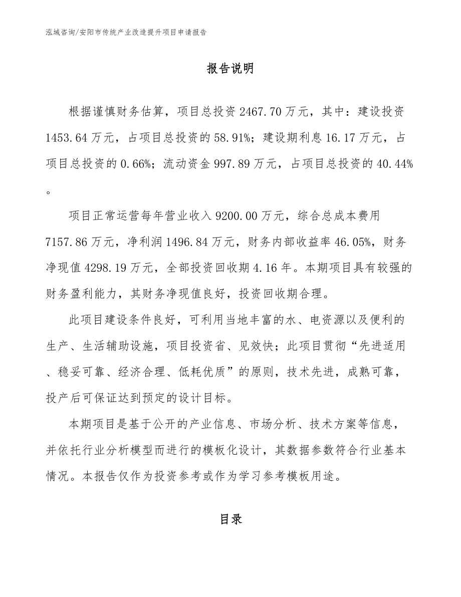 安阳市传统产业改造提升项目申请报告范文模板_第1页